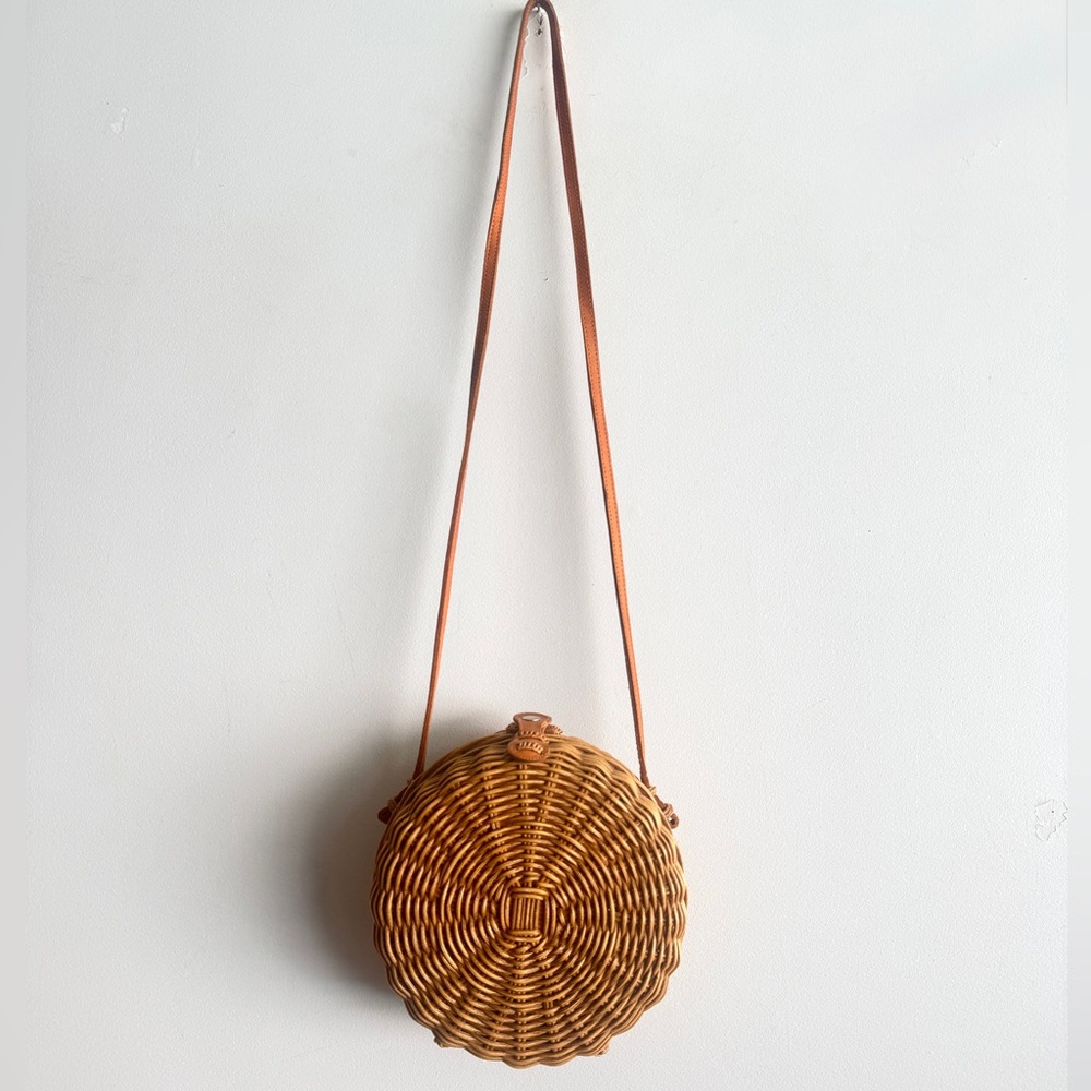 Round Wicker Purse crossbody leather strap and trim - print fabric lining